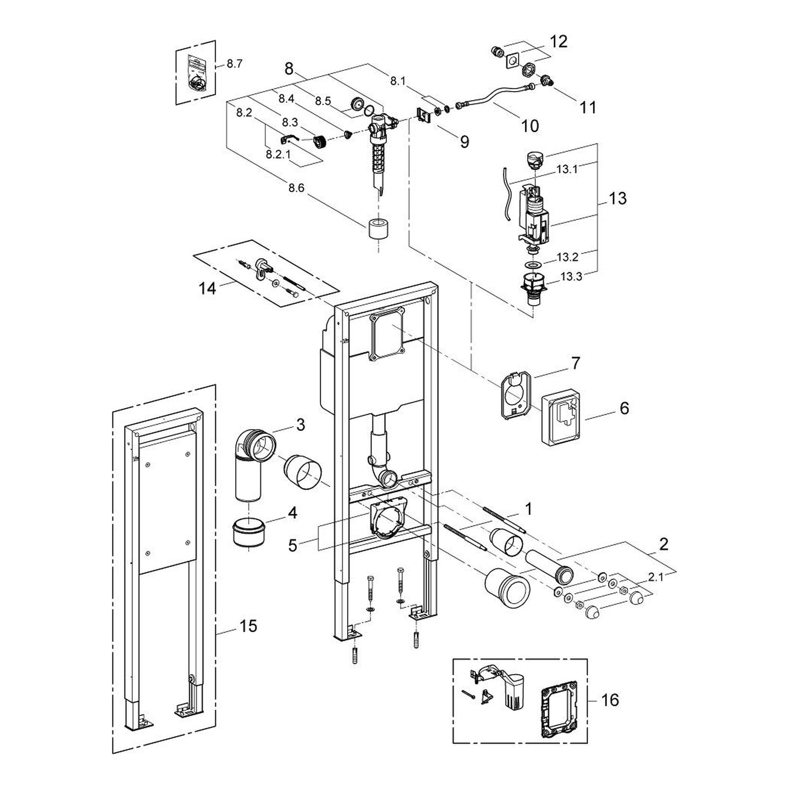 Onderdelentekening Grohe Rapid SL element for WC, 1.13 m installation height, 0.42 m width 2008–2011