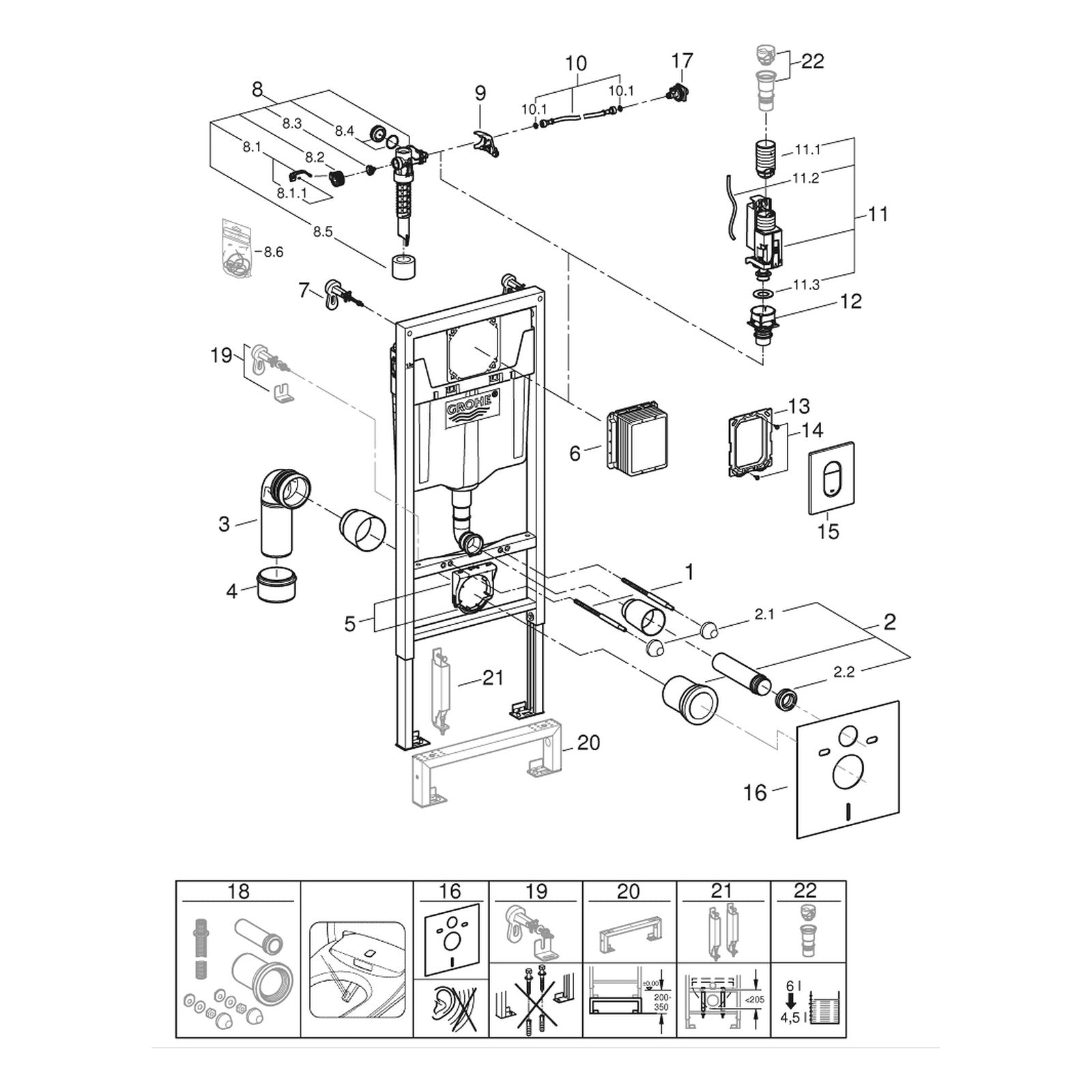 Onderdelentekening Grohe 4-In-1 (2 Verpakkingen) , 1,13 m installatiehoogte 38929000