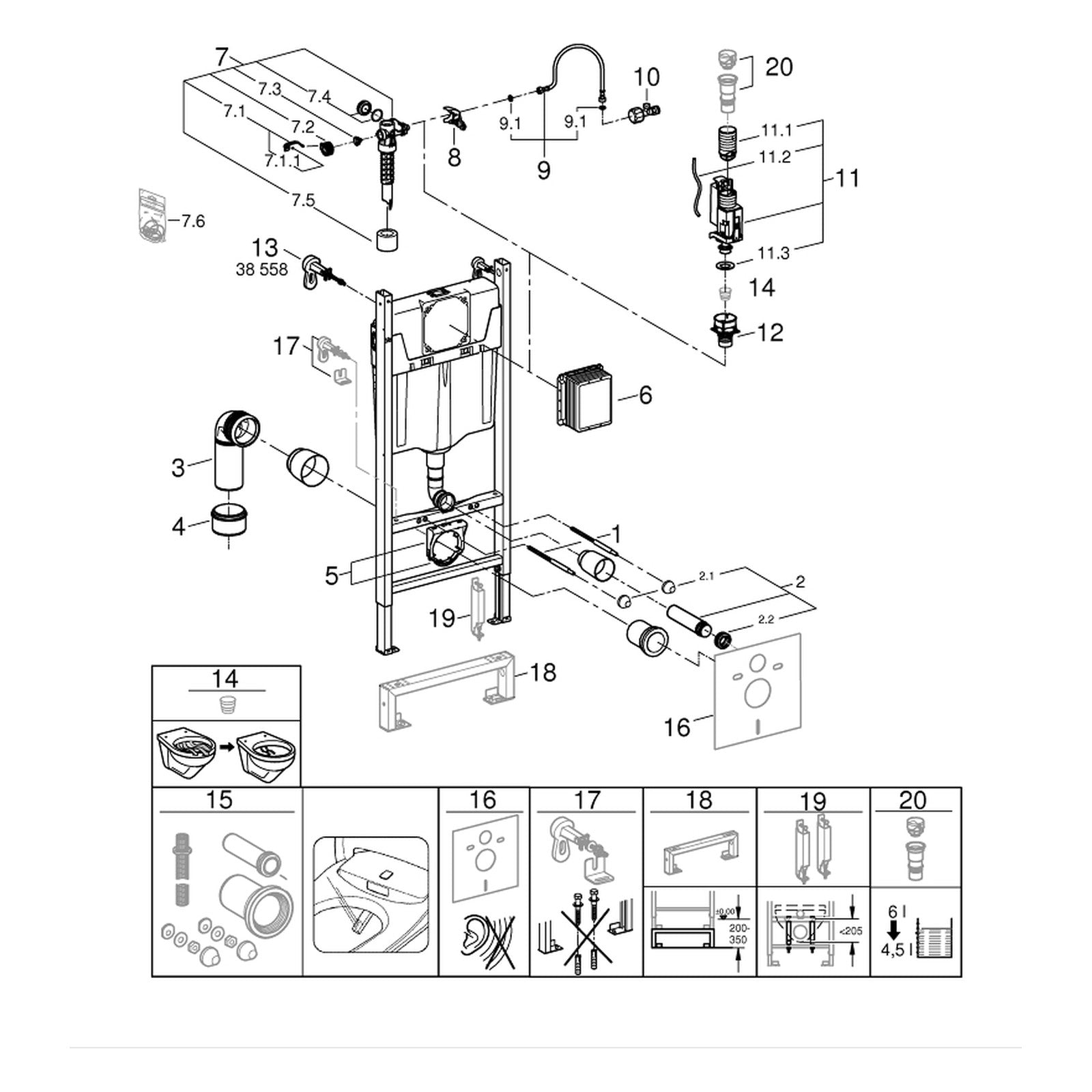 Onderdelentekening Grohe WC element, 1.13 m installatiehoogte 38971000