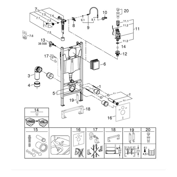 Onderdelentekening Grohe WC element, 1.13 m installatiehoogte 38971000