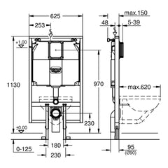 Maattekening Grohe Rapid SL WC element, 1,13 m installatiehoogte