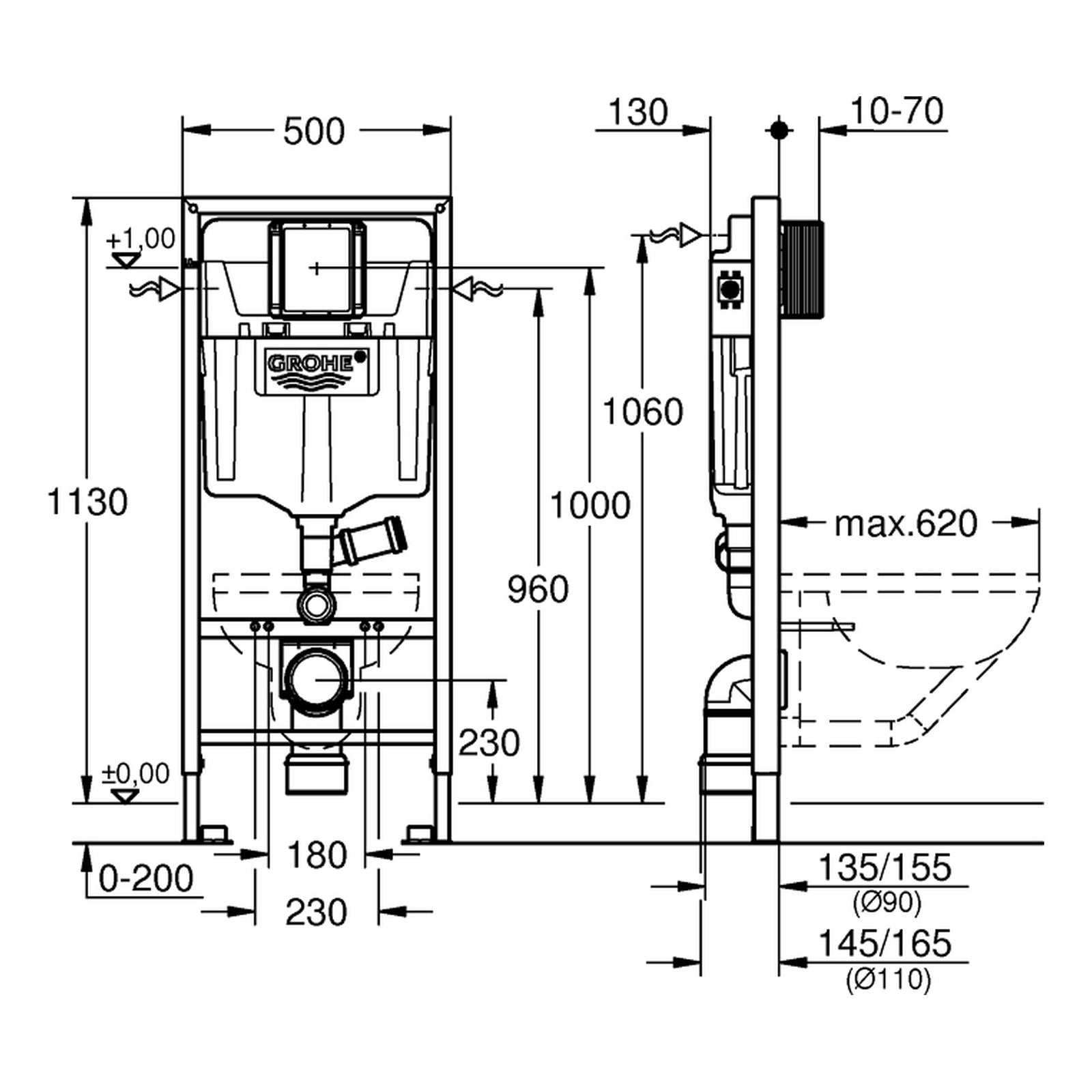 Maattekening Grohe Rapid SL WC element, 1,13 m installatiehoogte, aansluiting externe geurafzuiging