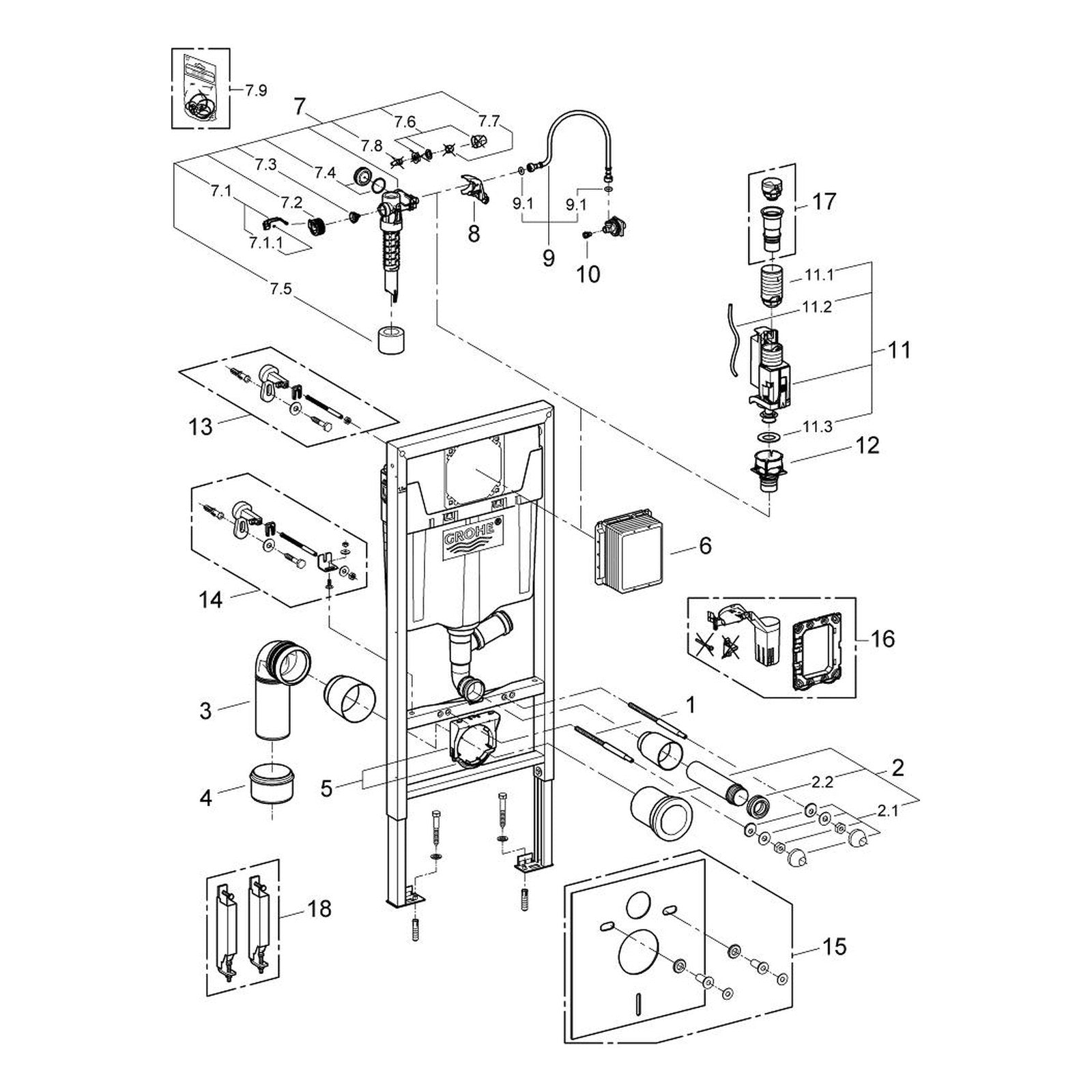 Onderdelentekening Grohe Rapid SL WC element, 1,13 m installatiehoogte, aansluiting externe geurafzuiging