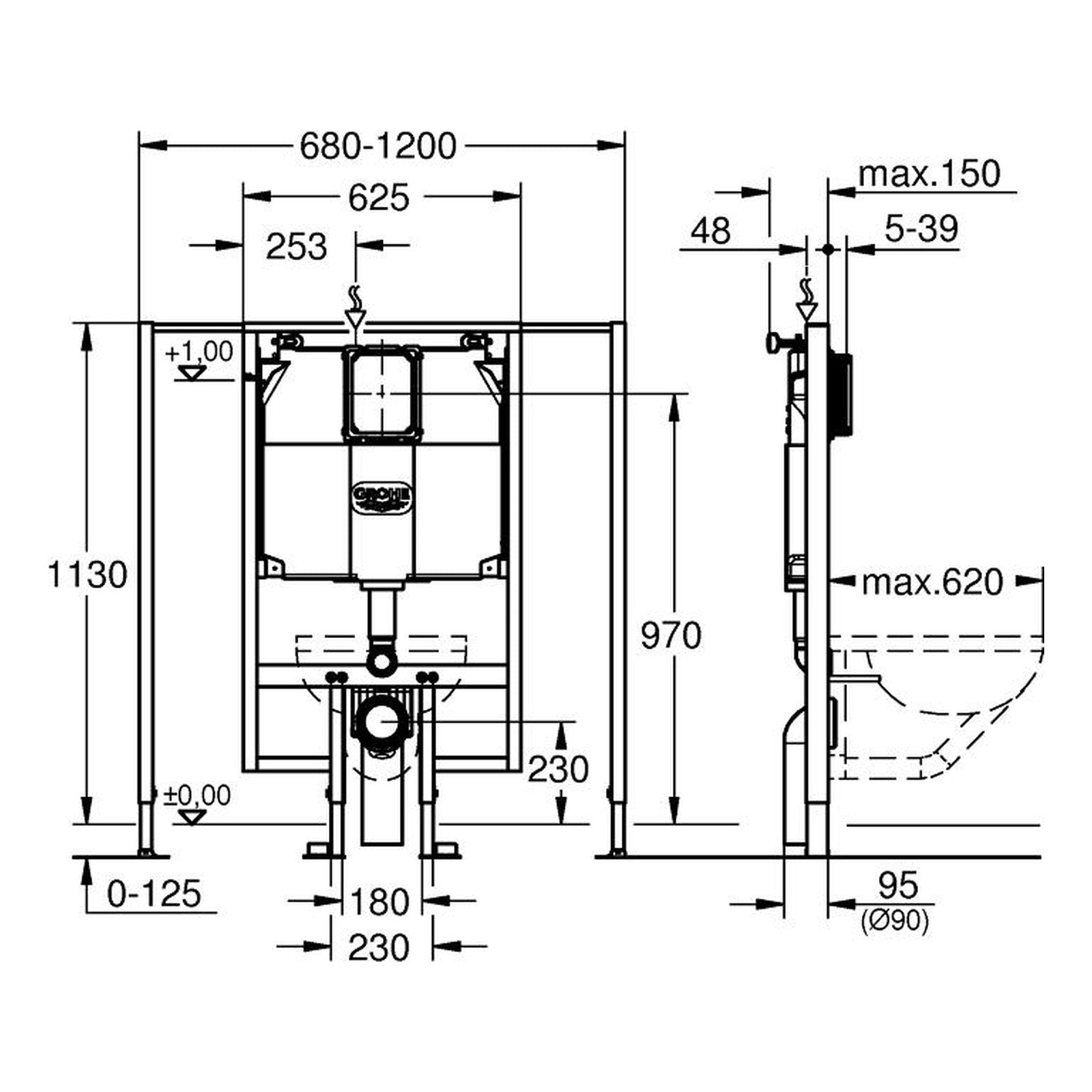 Maattekening Grohe rapid SL WC element