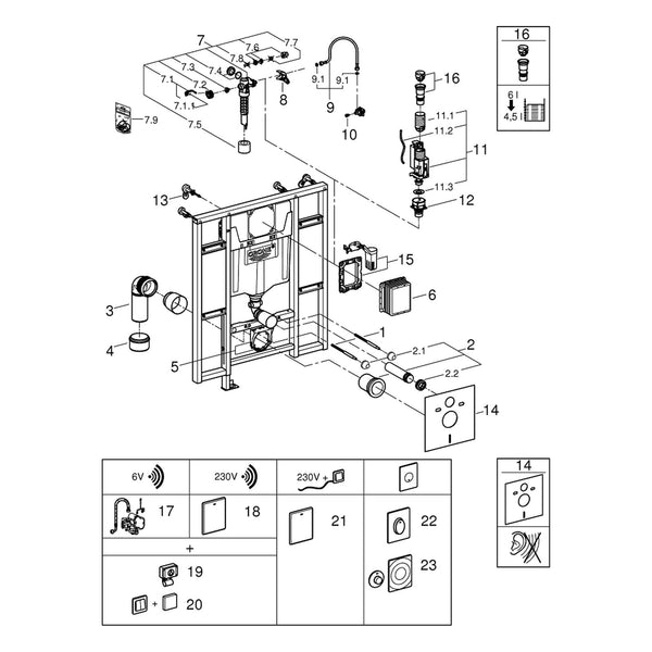Onderdelentekening Grohe WC element, 1,13 m installatiehoogte, voorbereid voor montage van armsteunen 39140000