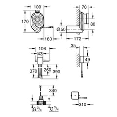 Maattekening Grohe temperatuurgestuurde urinoirspoeler
