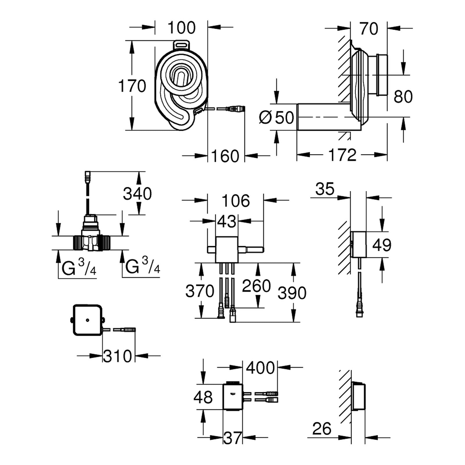 Maattekening Grohe temperatuursensor met Bluetooth voor urinoir