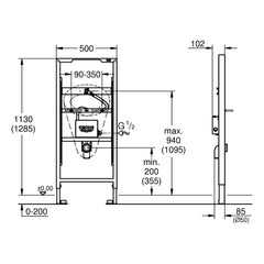 Maattekening Grohe Rapid SL urionoir element, voor gebruik met temperatuursensor (los verkrijgbaar)