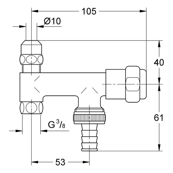 Maattekening Grohe Eggemann wasmachinekraan met T-koppeling
