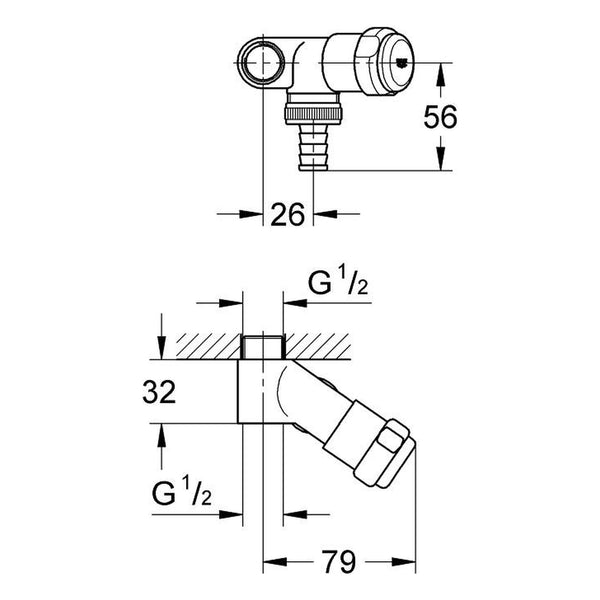 Maattekening Grohe Eggemann CV-wasmachinekraanadapter