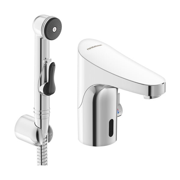FM Mattsson 9000E Tronic sensor-wastafelkraan met temperatuurgreep en zelfsluitende handdouche, chro