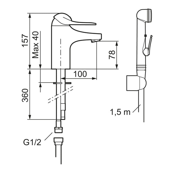 FM Mattsson 9000E II wastafelkraan met zelfsluitende handdouche, 3/8