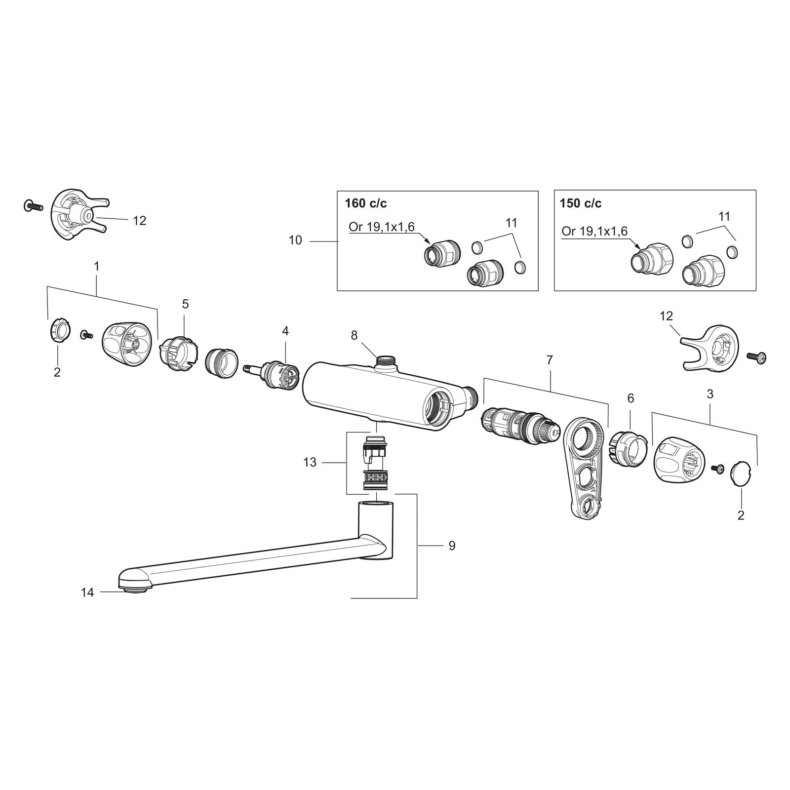 FM Mattsson 9000XE thermostatische spoelkraan, draaibare uitloop 350 mm, care-greep, hartmaat 150 mm
