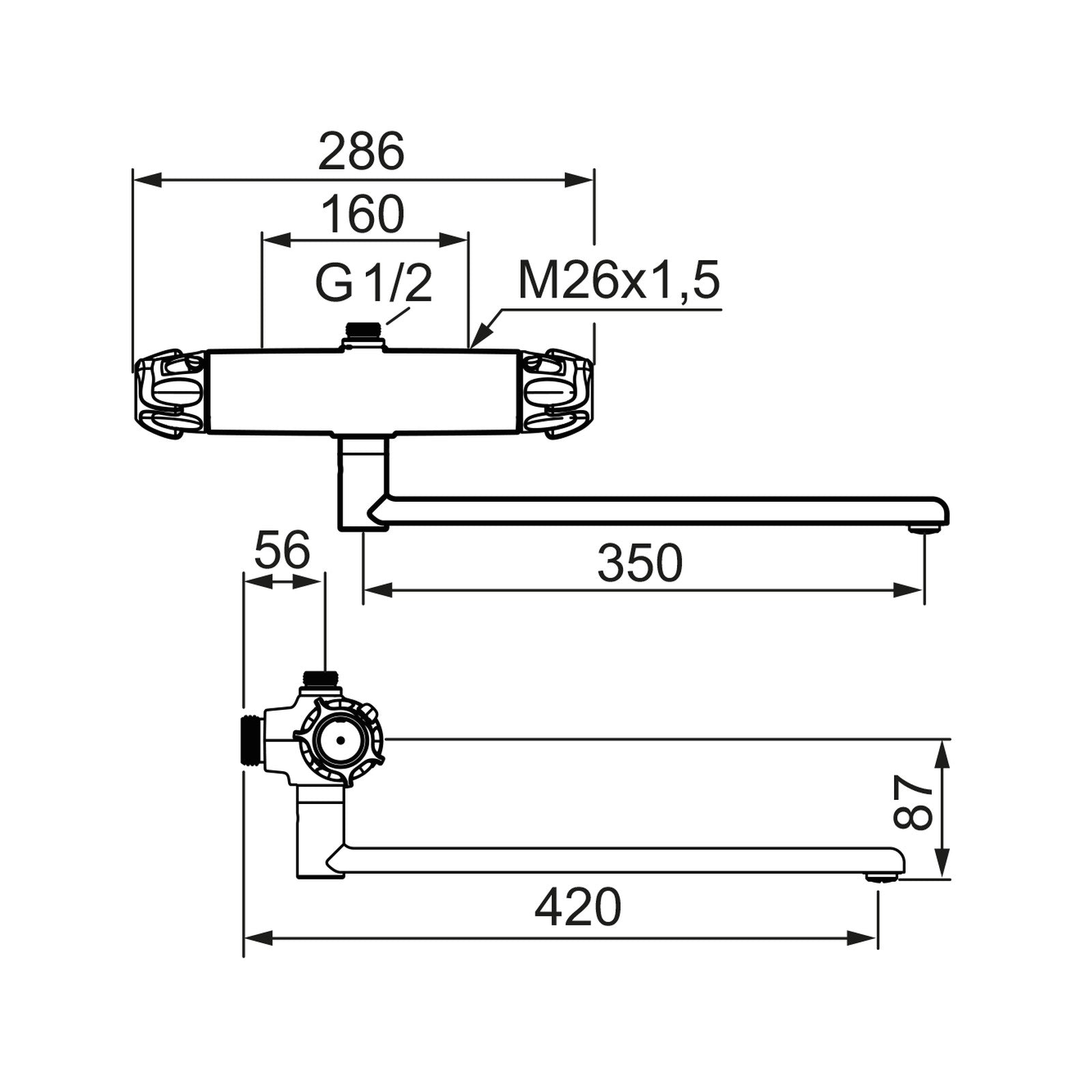 FM Mattsson 9000XE thermostatische spoelkraan, draaibare uitloop 350 mm, care-greep, hartmaat 150 mm