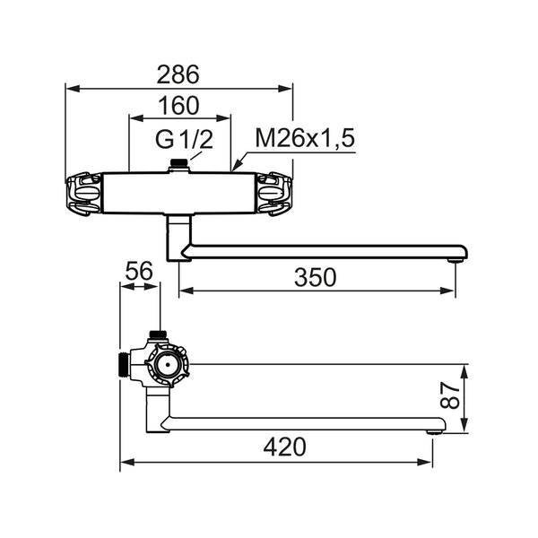 FM Mattsson 9000XE thermostatische spoelkraan, draaibare uitloop 350 mm, care-greep, hartmaat 150 mm