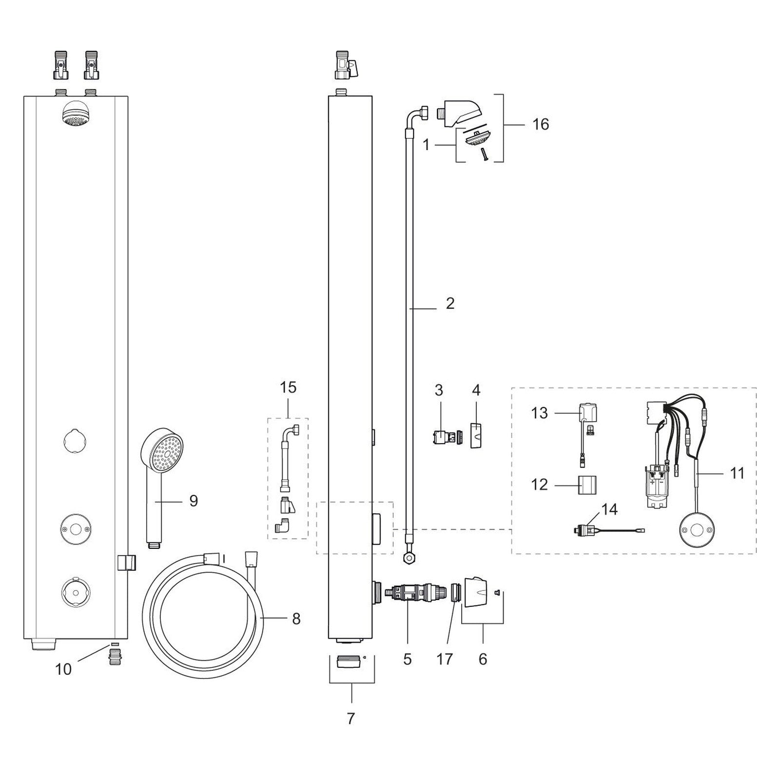 FM Mattsson Tronic WMS elektronisch douchepaneel met thermostaat en handdouche, batterijvoeding, RVS