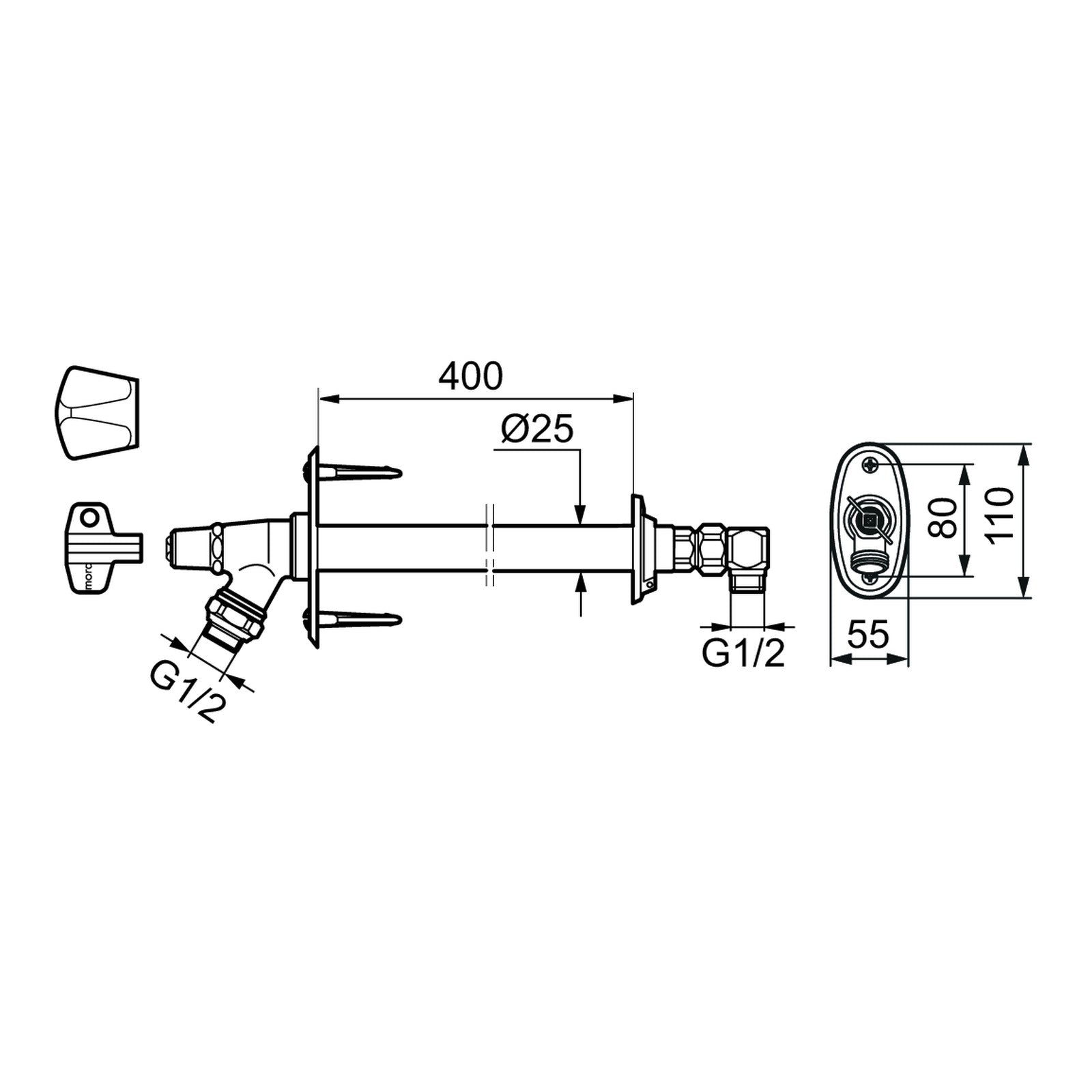 Mora Garden II buitenkraan met vorstbestendige terugstroombeveiliging, muurdikte max. 400 mm