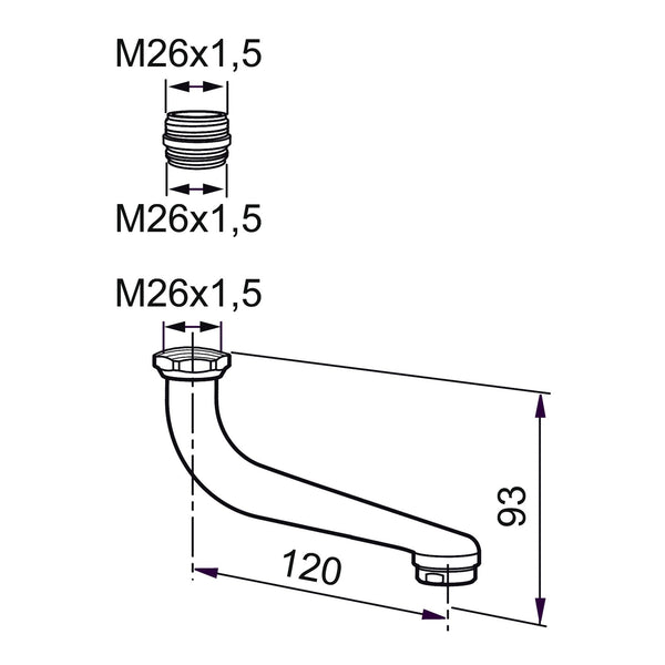 Mora vaste baduitloop M26x1,5 voor Mora Mix, chroom 450171.AE
