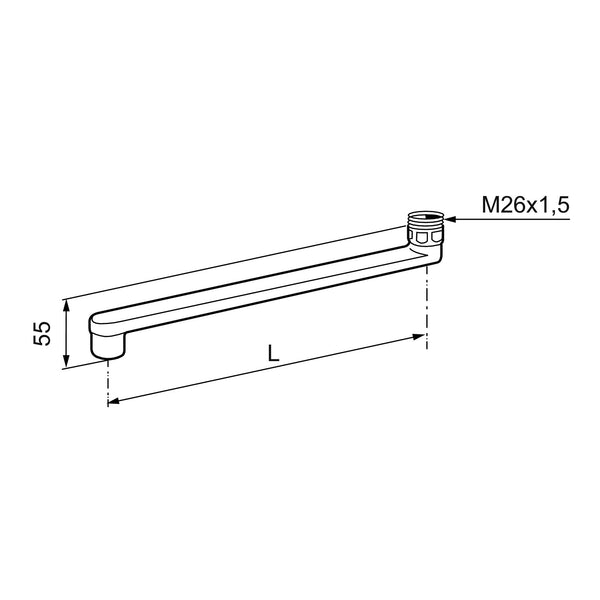 Mora draaibare uitloop L=350 mm, 120°, aansluiting M26x1,5, chroom 450289.AE