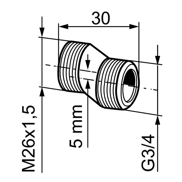 Mora excentrische aansluitkoppeling M26x1,5 x G¾, 5 mm, voor 150 mm kraan op 160 mm muurplaat, chroo