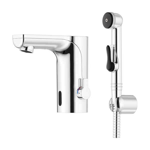 Mora MMIX Tronic sensor-wastafelkraan met temperatuurknop en zelfsluitende handdouche, batterijvoedi