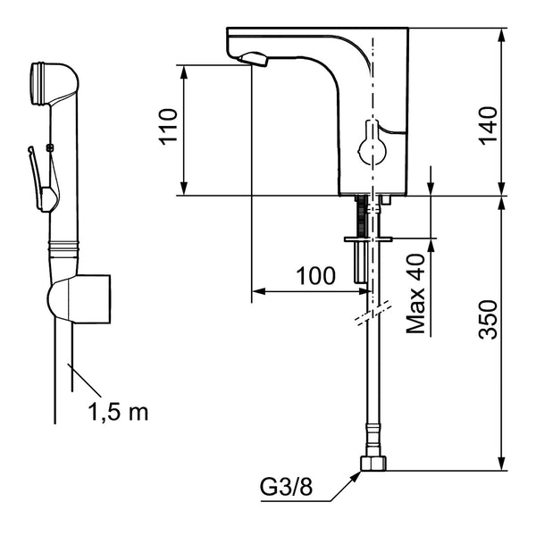 Mora MMIX Tronic sensor-wastafelkraan met temperatuurknop en zelfsluitende handdouche, batterijvoedi