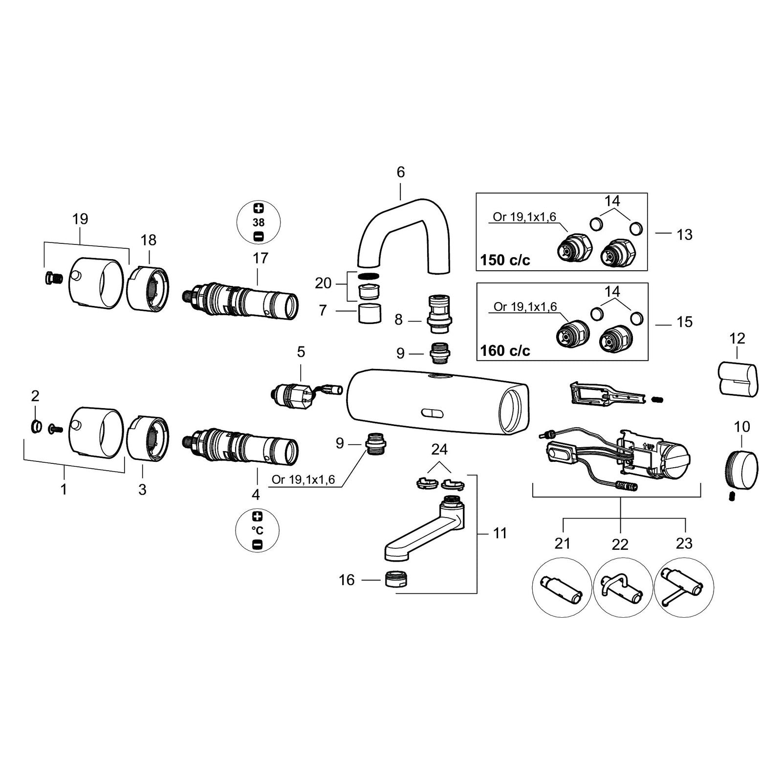 Mora Tronic WMS wand-wastafelkraan met mengventiel en vaste uitloop, hartmaat 150 mm, chroom