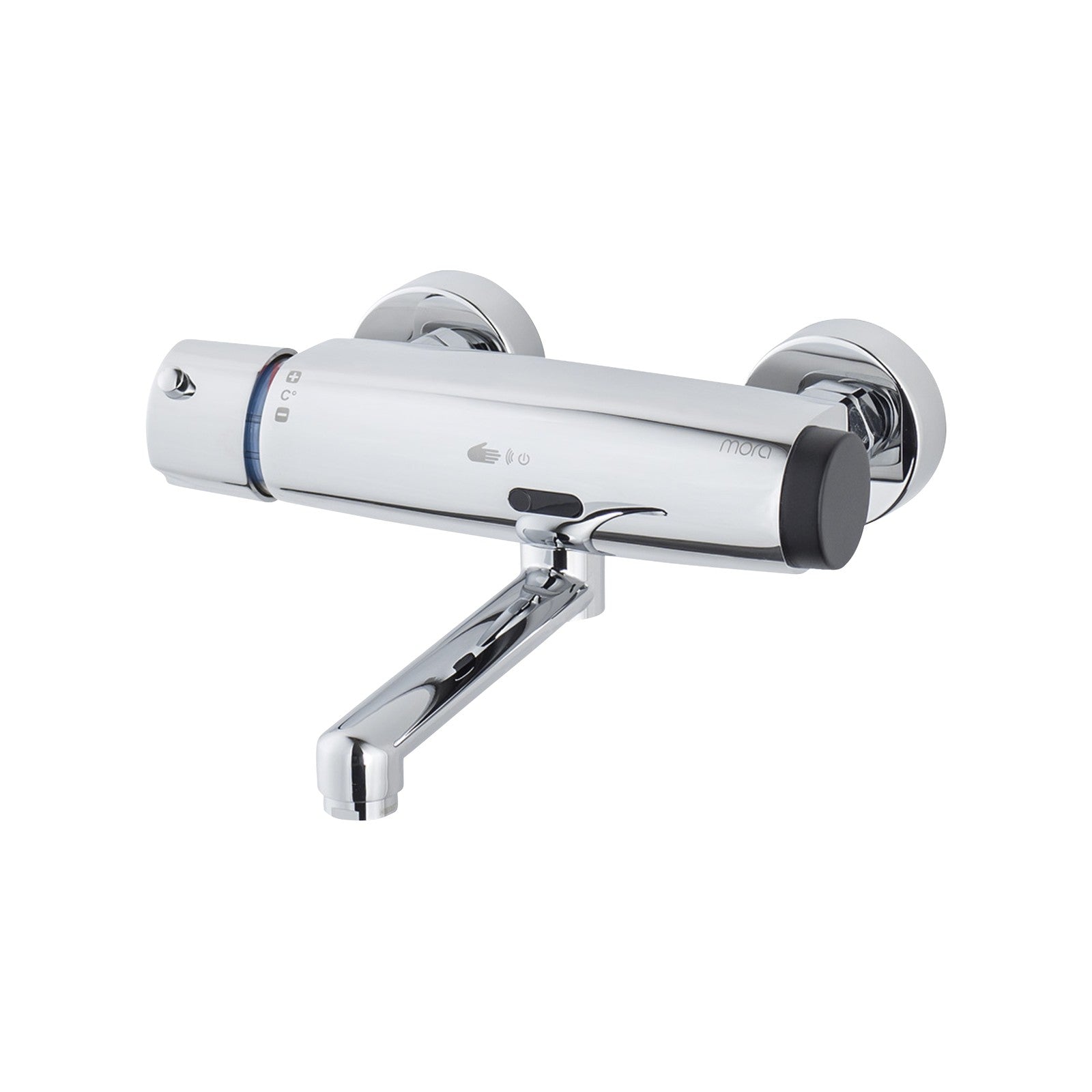 Mora Tronic WMS wand-wastafelkraan met mengventiel, zelflozende uitloop, batterijvoeding, hartmaat 1