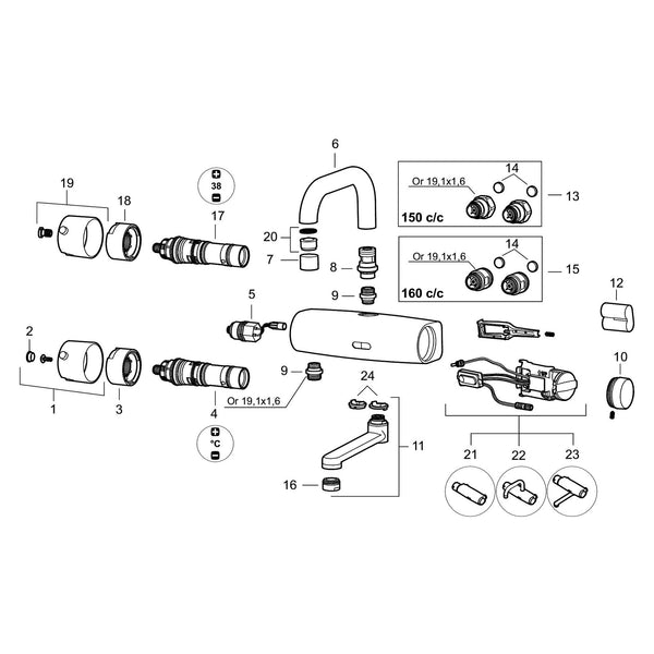 Mora Tronic WMS thermostatische ziekenhuiskraan, zelflozende uitloop, batterijvoeding, hartmaat 150 