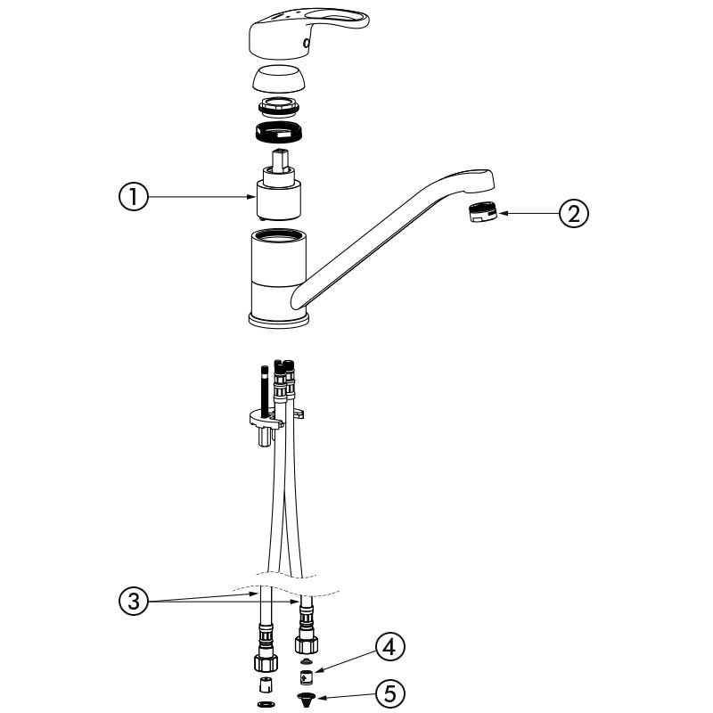 Delabie Mechanische mengkraan voor spoeltafel of trog met open greep en draaibare uitloop 215 mm chroom - onderdelentekening