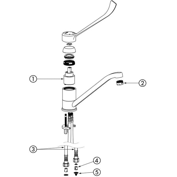 Delabie Mechanische mengkraan voor spoeltafel of trog met hygiënische hendel en draaibare uitloop 215 mm chroom - onderdelentekening
