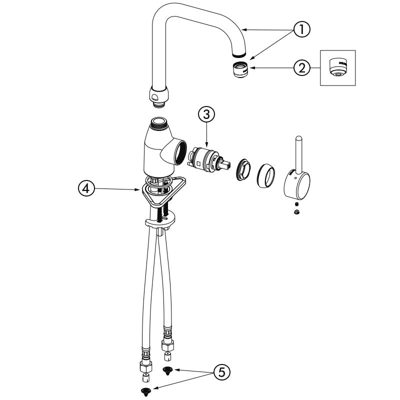 Delabie Mechanische wastafelmengkraan met staafgreep en BIOSAFE uitloop 150 mm zonder trekplug chroom - onderdelentekening