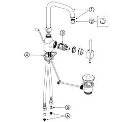 Delabie Mechanische wastafelmengkraan met staafgreep, BIOSAFE uitloop 150 mm en trekplug chroom - onderdelentekening