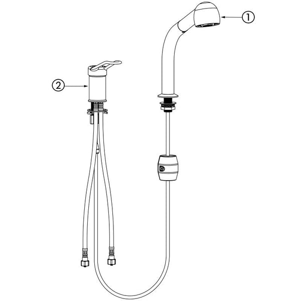 Delabie Mechanische spoeltafelmengkraan met kolom en uittrekbare sproeier, open greep chroom - onderdelentekening