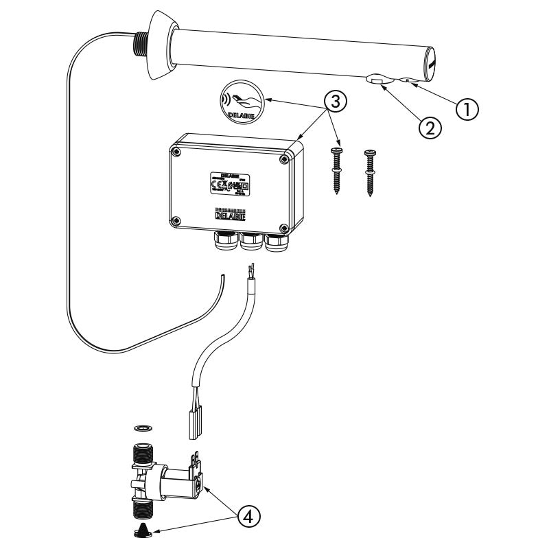 Delabie BINOPTIC elektronische wastafelkraan voor inbouw netspanning uitloop 200 mm chroom - onderdelentekening