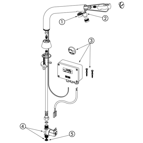 Delabie BINOPTIC elektronische wastafelkraan op blad H.170 netspanning chroom - onderdelentekening