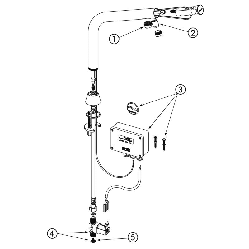 Delabie BINOPTIC elektronische wastafelkraan op blad H.250 netspanning chroom - onderdelentekening