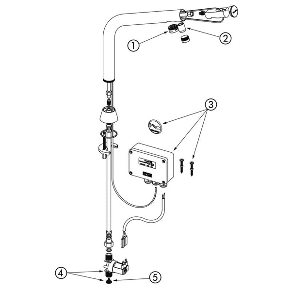Delabie BINOPTIC elektronische wastafelkraan op blad H.250 netspanning chroom - onderdelentekening