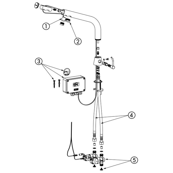 Delabie BINOPTIC MIX elektronische wastafelmengkraan op blad H.170 6V batterij chroom - onderdelentekening