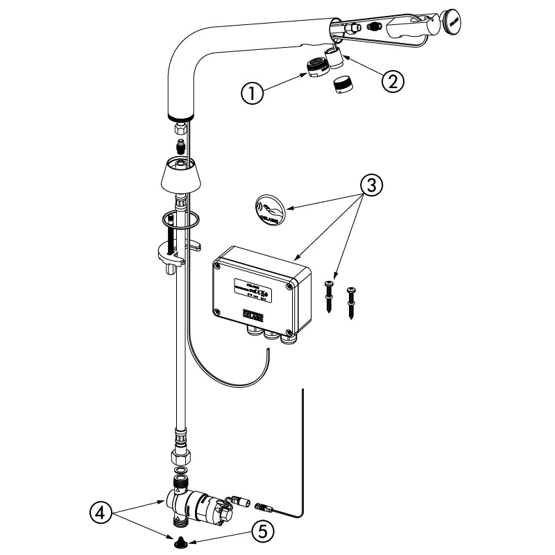 Delabie BINOPTIC elektronische wastafelkraan op blad H.250 6V batterij chroom - onderdelentekening