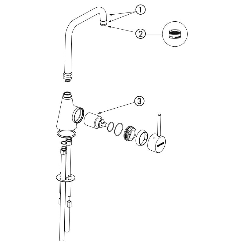 Delabie Eengreeps mengkraan op blad 60 l/min met draaibare uitloop H.255 L.200 chroom - onderdelentekening