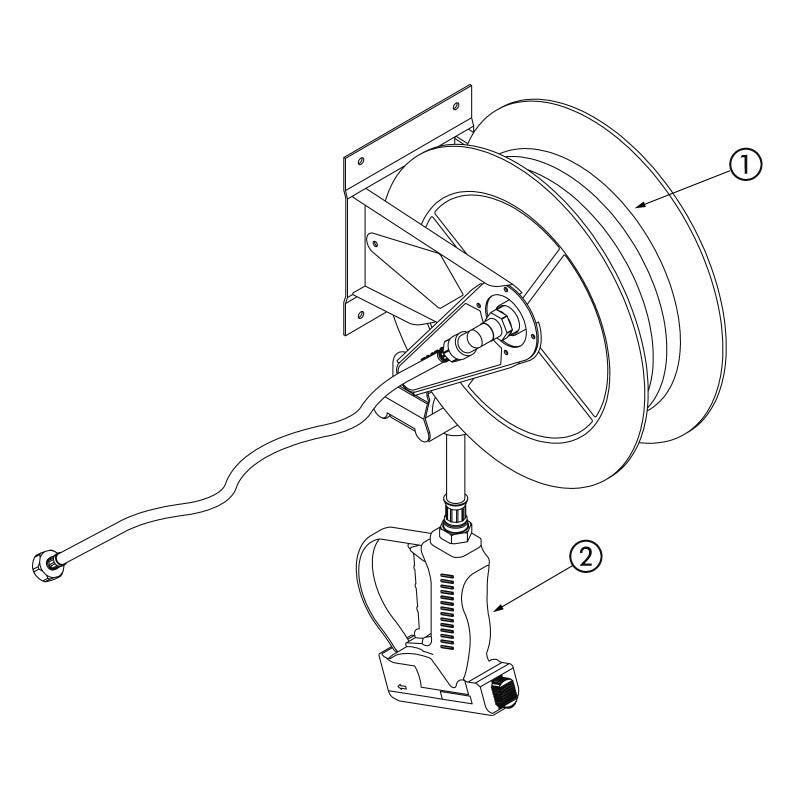 Delabie Automatische slanghaspel RVS met slang 15 m en schokbestendig waterpistool - onderdelentekening