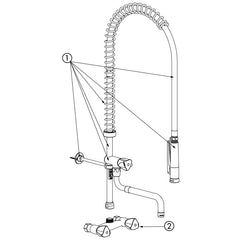Delabie Voorspoelkraan muurmodel hartafstand 150 mm met tapkraan en telescopische uitloop, rvs met witte sproeier - onderdelentekening