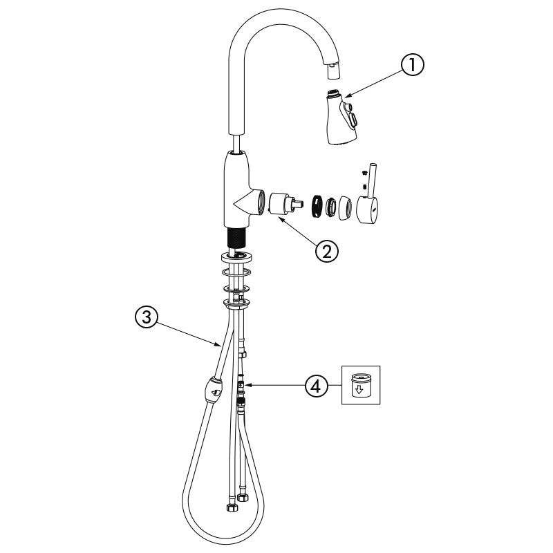 Delabie Mechanische spoeltafelmengkraan met zwanenhalsuitloop en uittrekbare sproeier chroom - onderdelentekening
