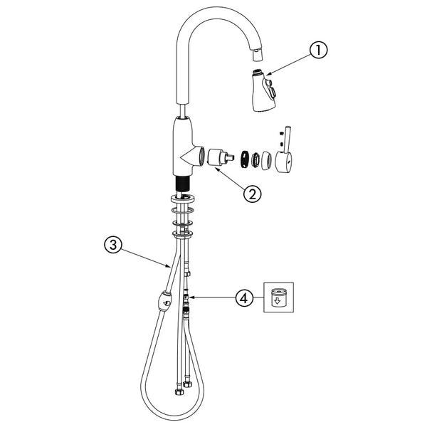 Delabie Mechanische spoeltafelmengkraan met zwanenhalsuitloop en uittrekbare sproeier chroom - onderdelentekening