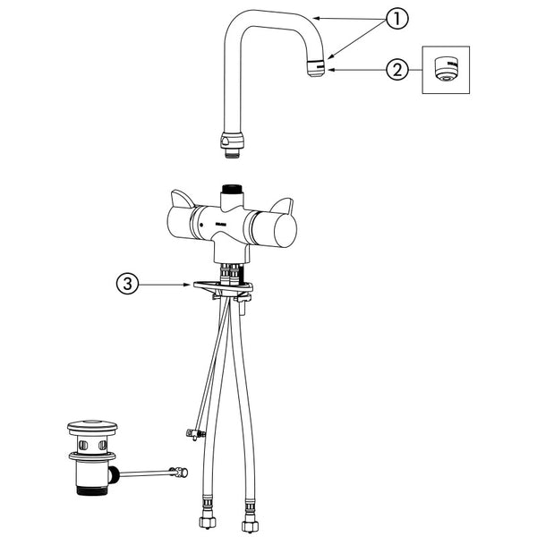 Delabie SECURITHERM thermostatische tweegreeps wastafelmengkraan met hoge uitloop 150 mm chroom - onderdelentekening