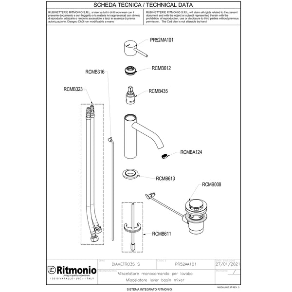 Ritmonio Diametro35-S Wastafelkraan laag 127mm