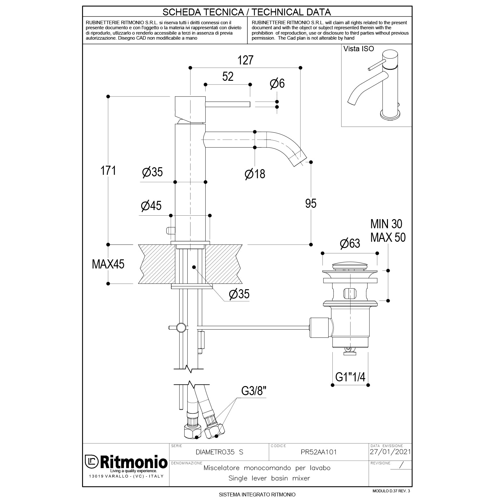 Ritmonio Diametro35-S Wastafelkraan laag 127mm