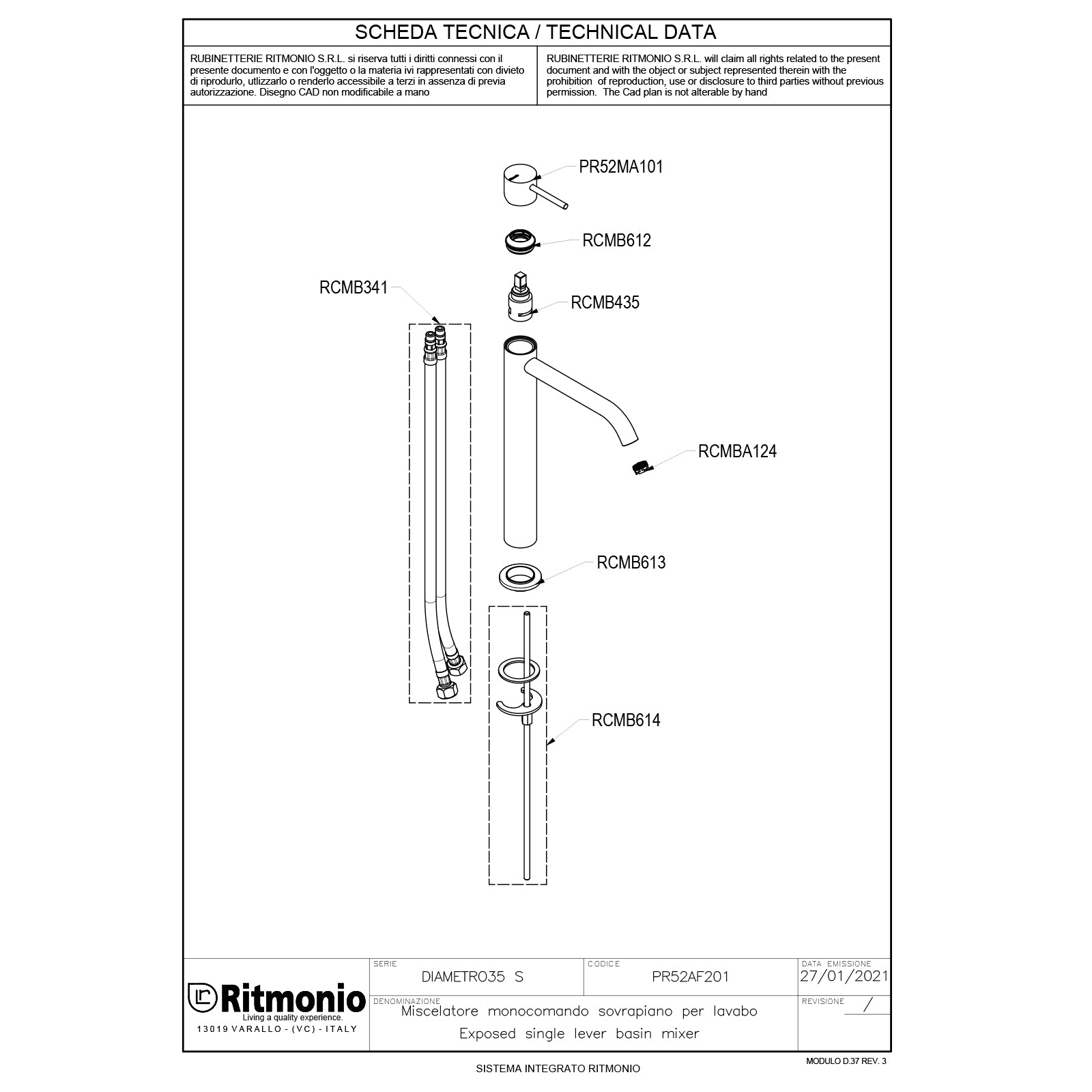 Ritmonio Diametro35-S Wastafelkraan hoog voor waskom 167mm zonder waste PR52AF201
