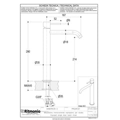 Ritmonio Diametro35-S Wastafelkraan hoog voor waskom 167mm zonder waste PR52AF201